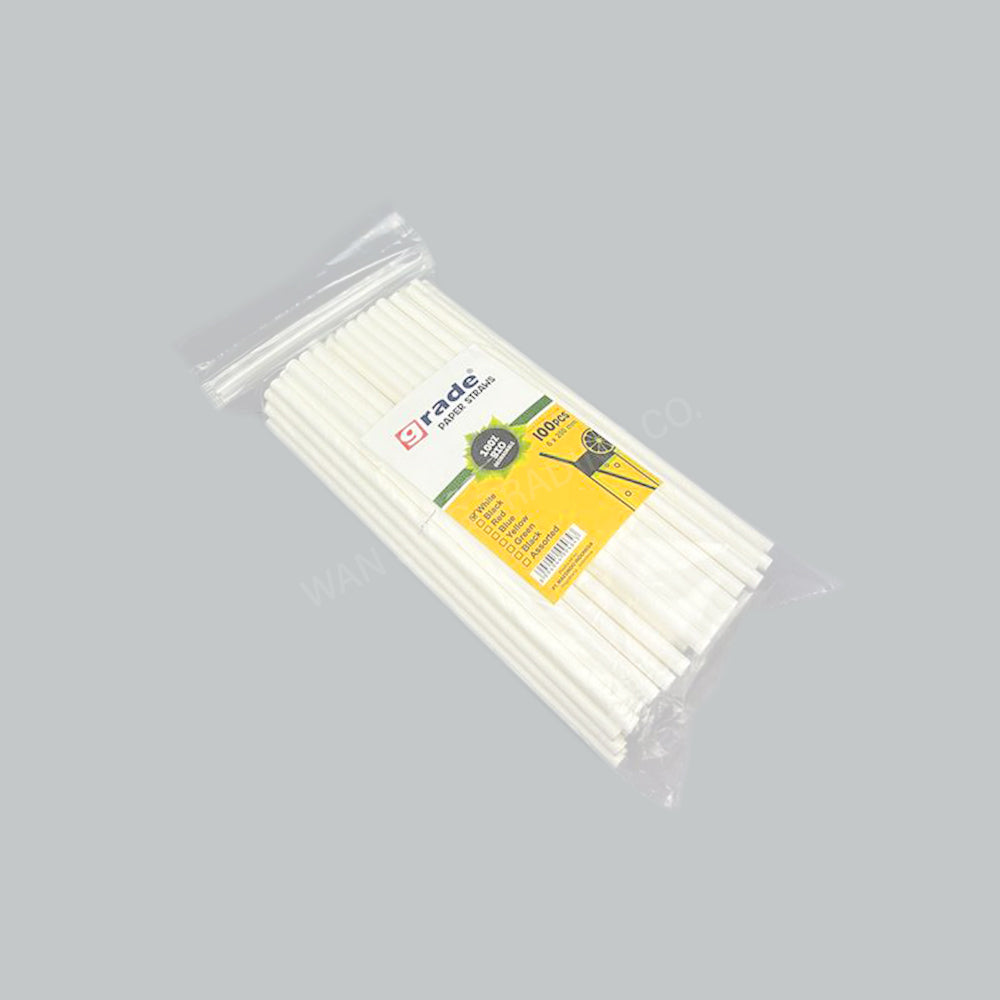 GRADE PAPER STRAW 6X200MM WHT 100'S/PKT