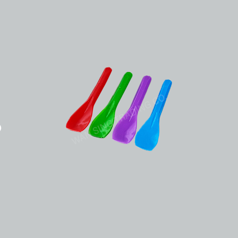 FX PLASTIC DESSERT SPOON 3.5" RD/GN/PR/BL 60'S